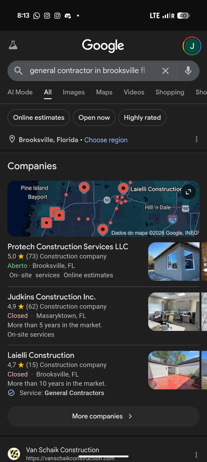 Mobile Google search for "general contractor in brooksville fl" showing Protech Construction Services LLC