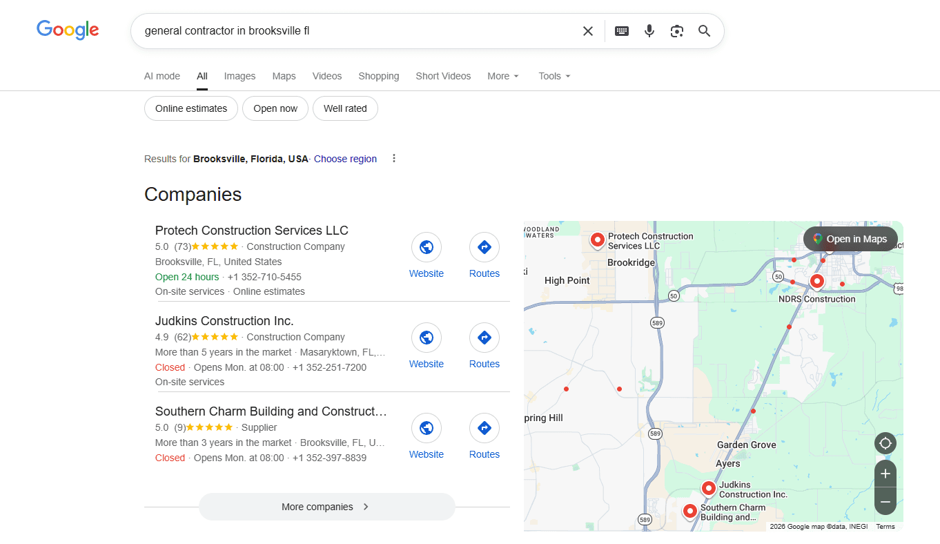 Google search results for "general contractor in brooksville fl" showing Protech Construction Services LLC in the Map Pack