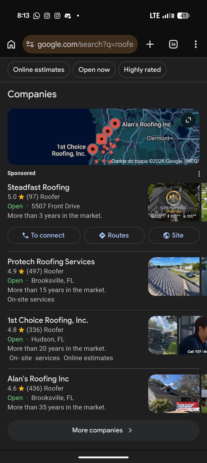 Mobile Google search for "roofer in spring hill fl" showing Protech Roofing Services