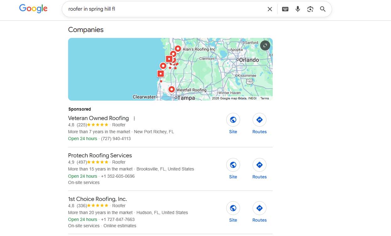Google search results for "roofer in spring hill fl" showing Protech Roofing Services in the Map Pack