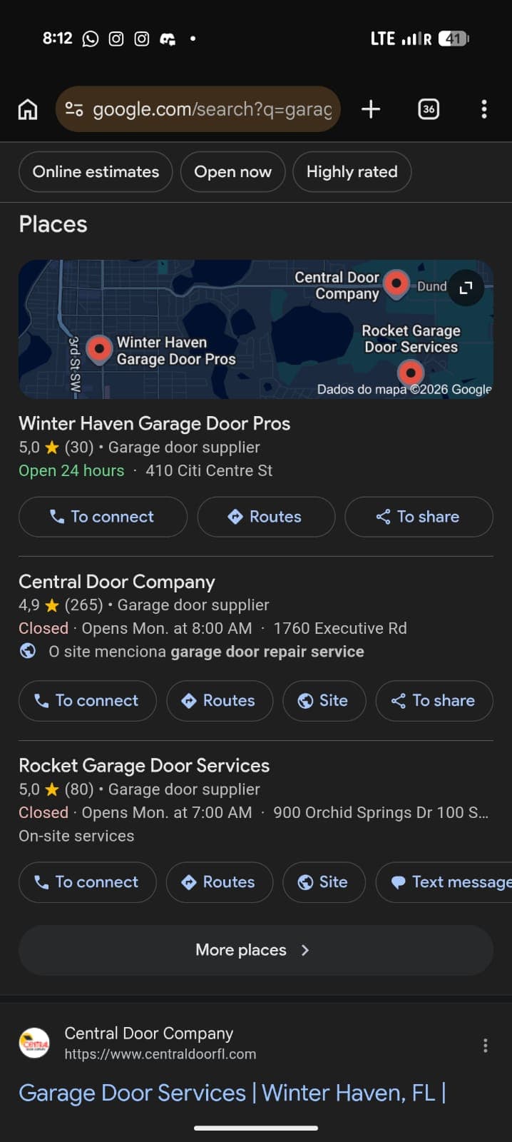 Mobile Google search for "garage door service in winter haven" showing Rocket Garage Door Services
