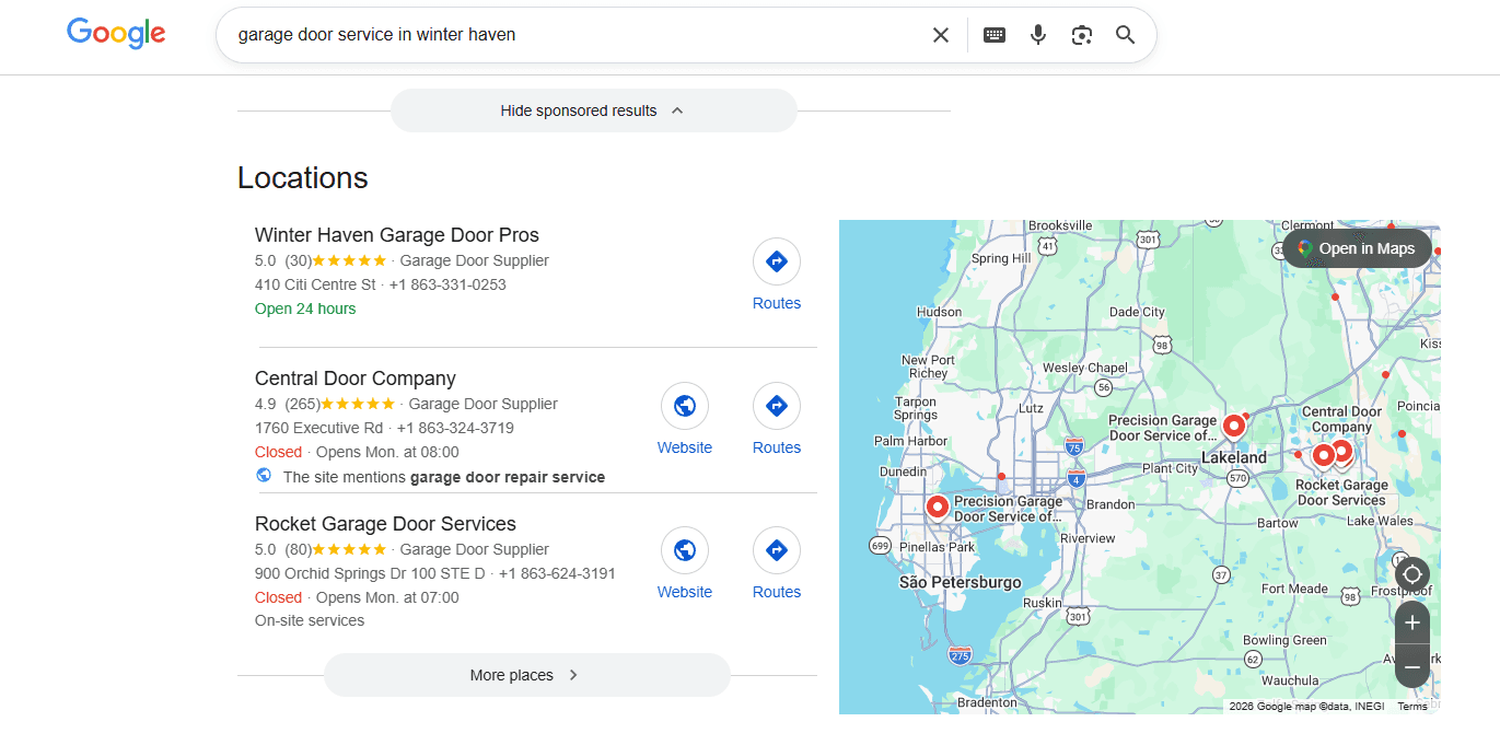 Google search results for "garage door service in winter haven" showing Rocket Garage Door Services in the Map Pack